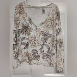 🦋 Villager Cream and Brown Floral Button Down Shirt Size Large 22" Pit & Stretc